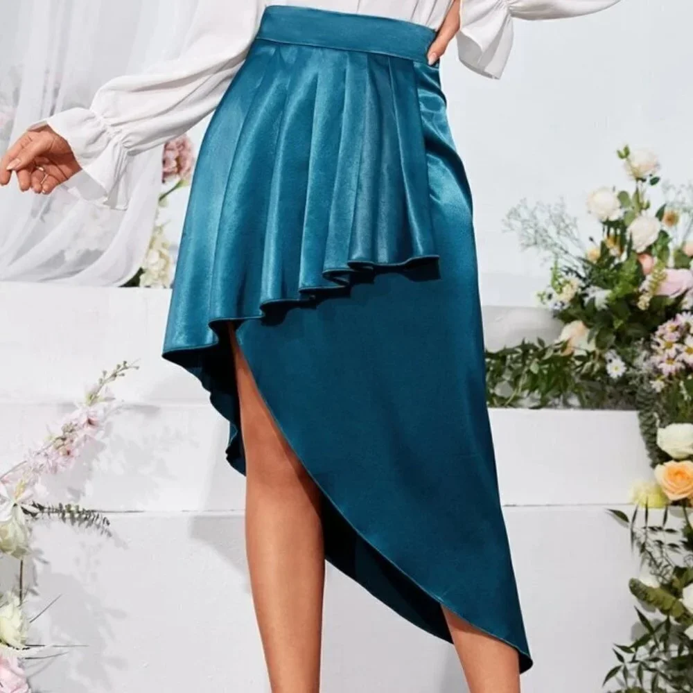 Shein Teal Unity Ruffle Trim Asymmetrical Hem Satin Skirt, Size Large